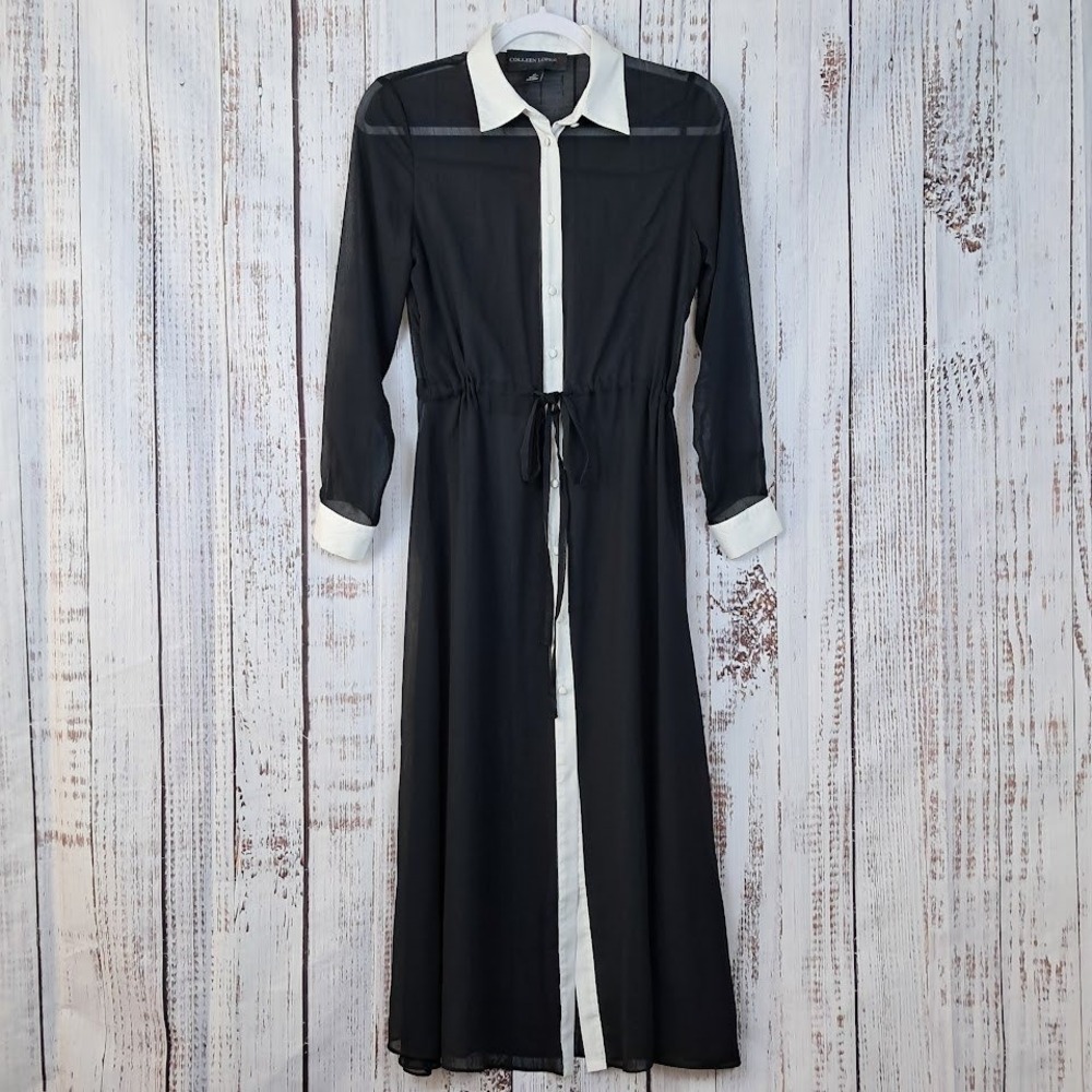 Colleen Lopez XS Sheer Button Front Maxi Shirt Dress Duster Tuxedo Style Black